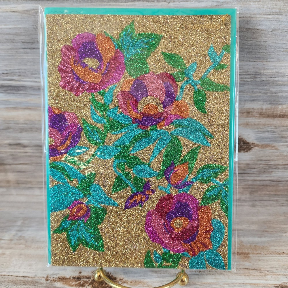 Papyrus Blank Greeting Card Floral Gold Pink Teal Glitter Q1026713 Hummingbird